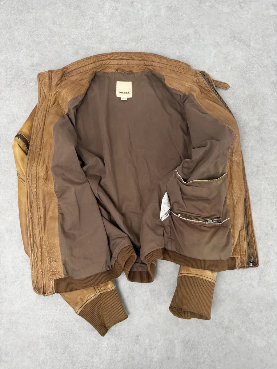 2000s Diesel Sun Faded Brown Multi-Zip Leather Jacket FJfBeNR 6