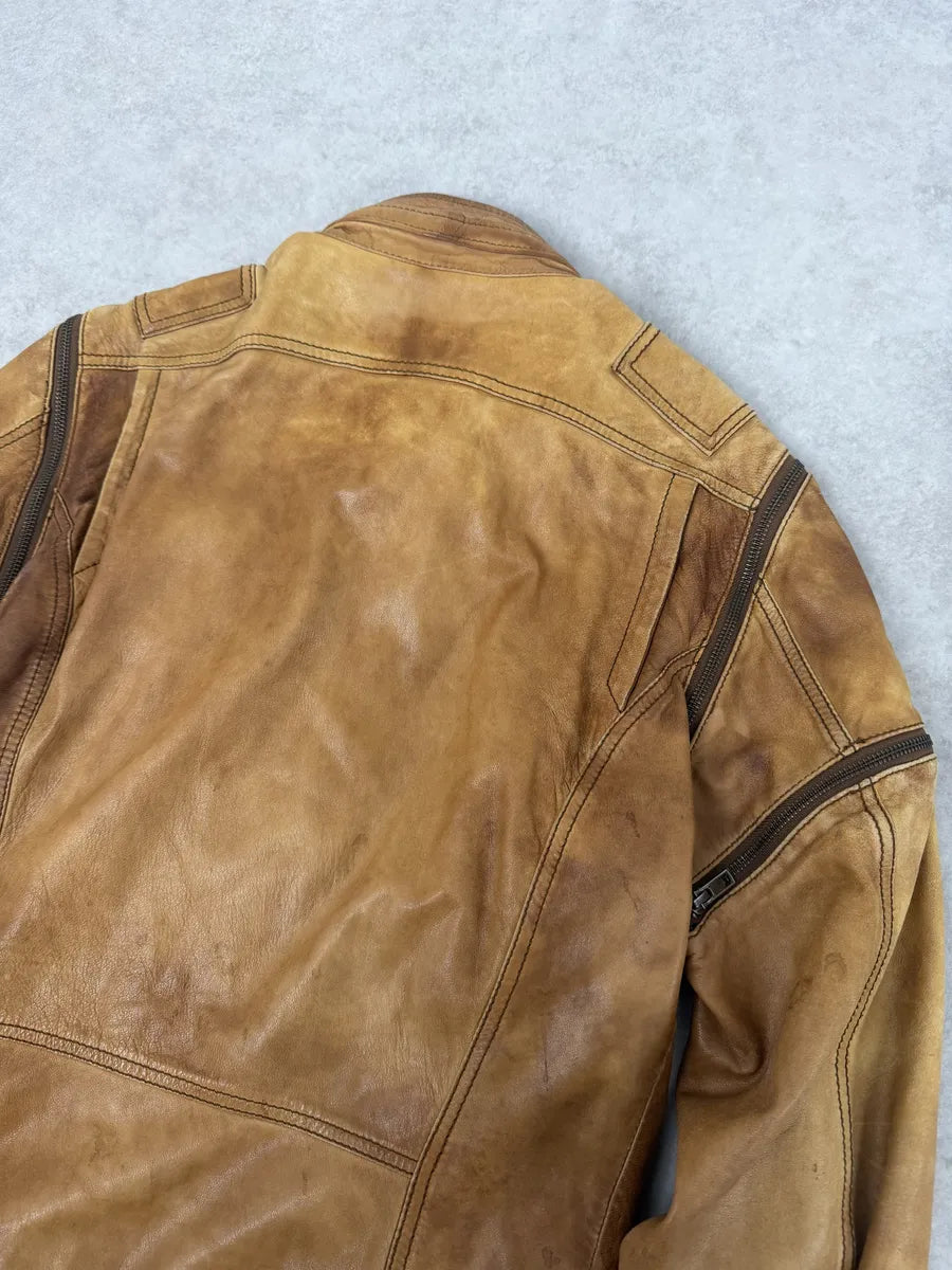 2000s Diesel Sun Faded Brown Multi-Zip Leather Jacket FJfBeNR 7