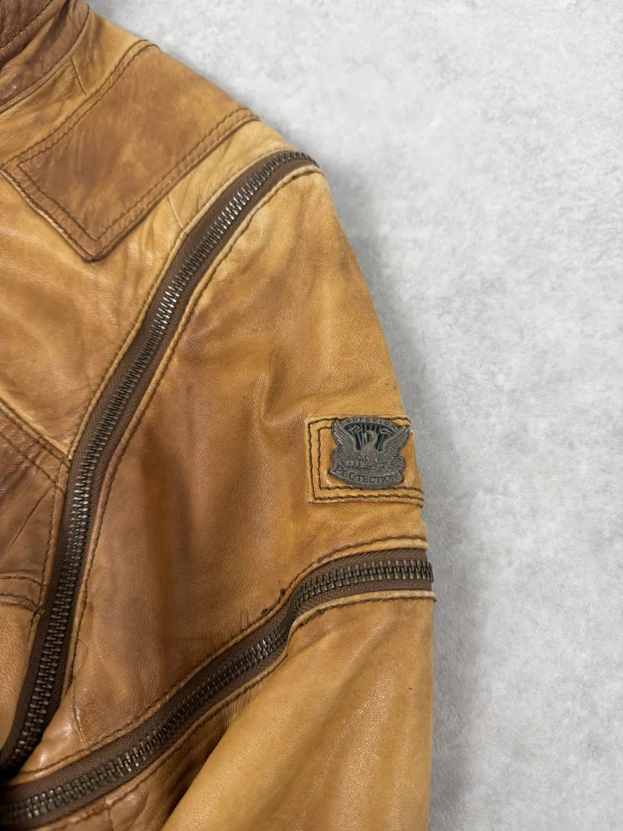 2000s Diesel Sun Faded Brown Multi-Zip Leather Jacket FJfBeNR 8