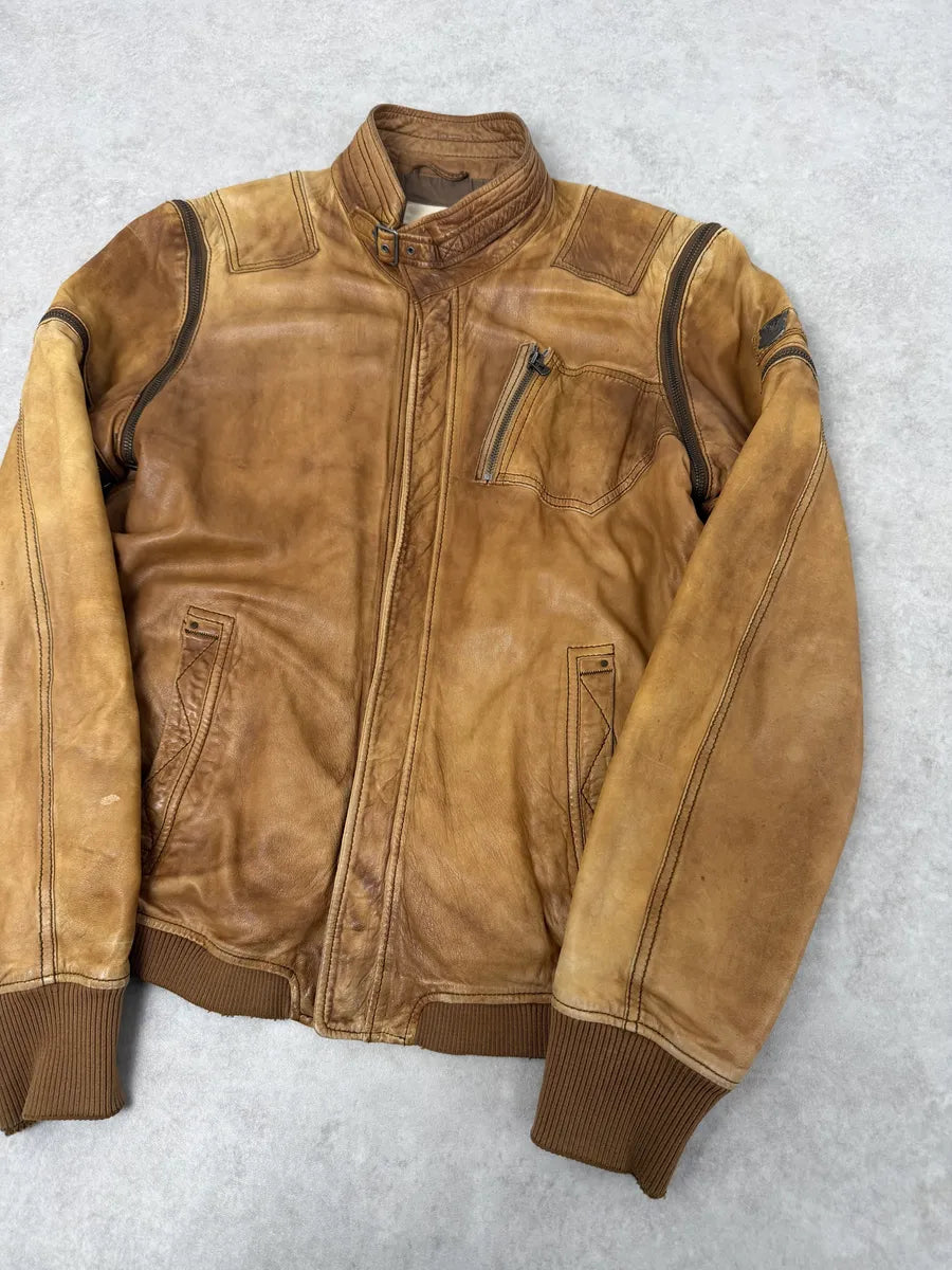 2000s Diesel Sun Faded Brown Multi-Zip Leather Jacket FJfBeNR 9