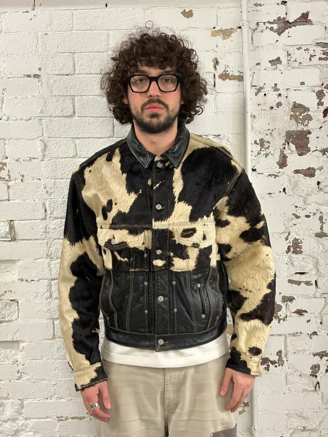 2000s Diesel Western Cow Fur Black Leather Trucker Jacket SOydAgm 1