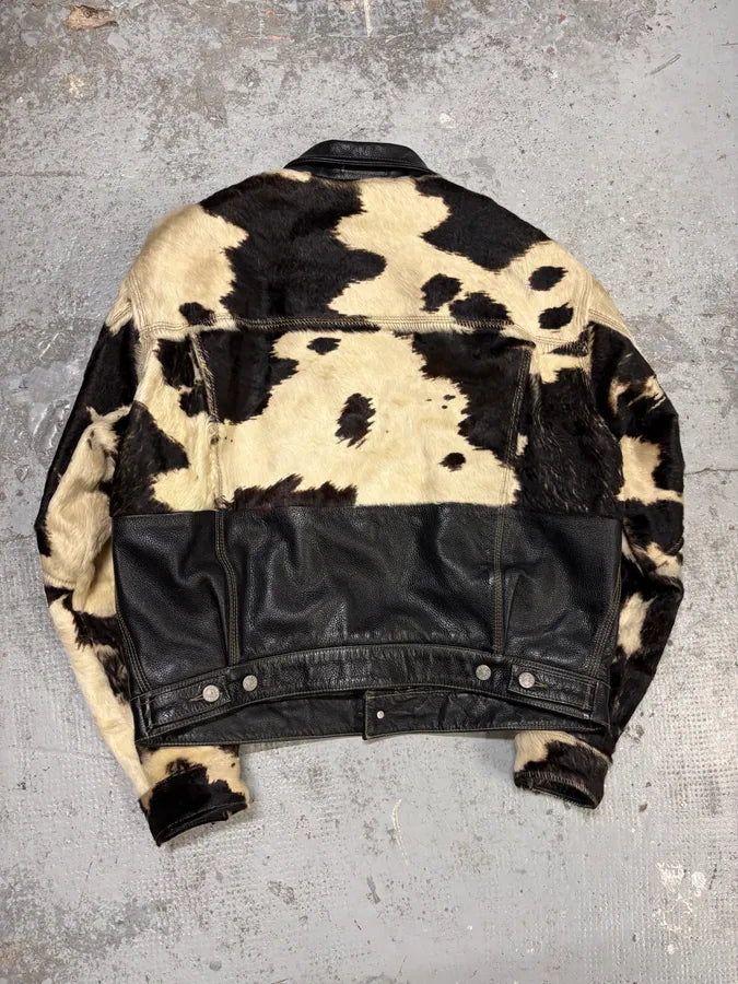 2000s Diesel Western Cow Fur Black Leather Trucker Jacket SOydAgm 5