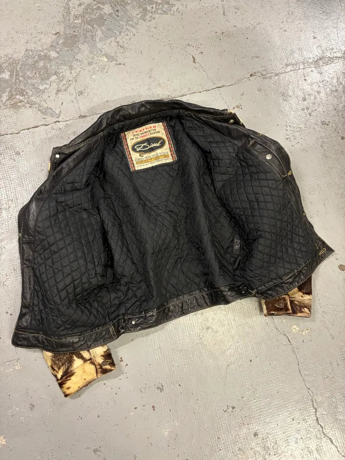 2000s Diesel Western Cow Fur Black Leather Trucker Jacket BXQzgjs 6