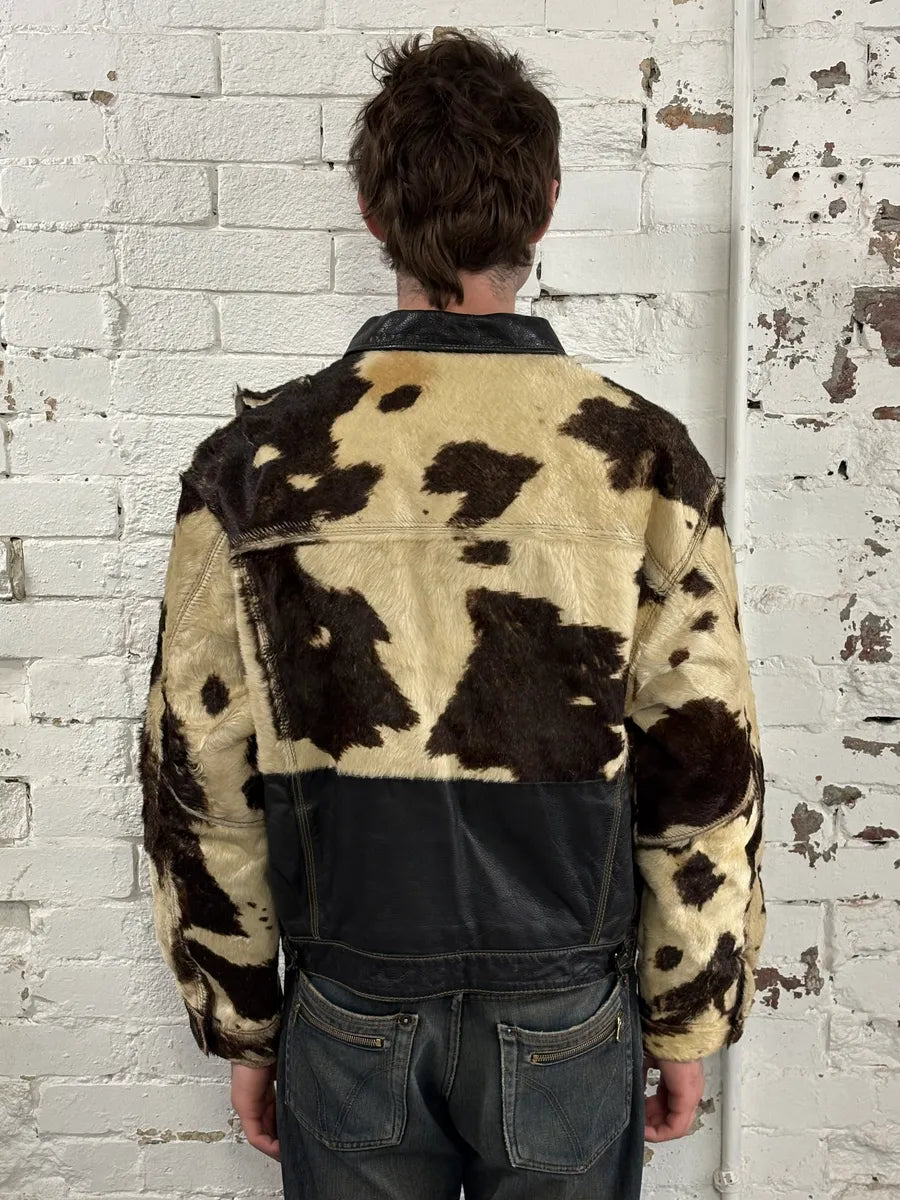 2000s Diesel Western Cow Fur Black Leather Trucker Jacket BXQzgjs 2