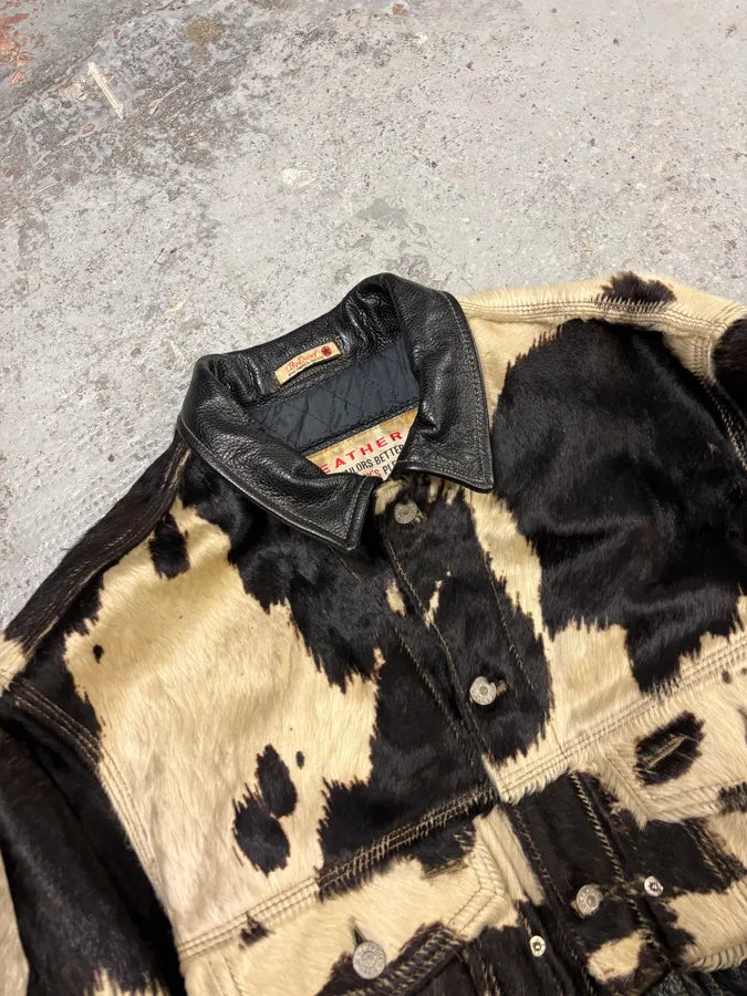 2000s Diesel Western Cow Fur Black Leather Trucker Jacket SOydAgm 4