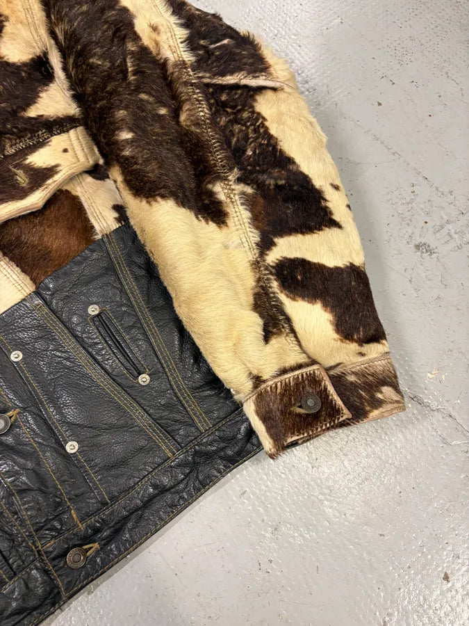 2000s Diesel Western Cow Fur Black Leather Trucker Jacket BXQzgjs 7