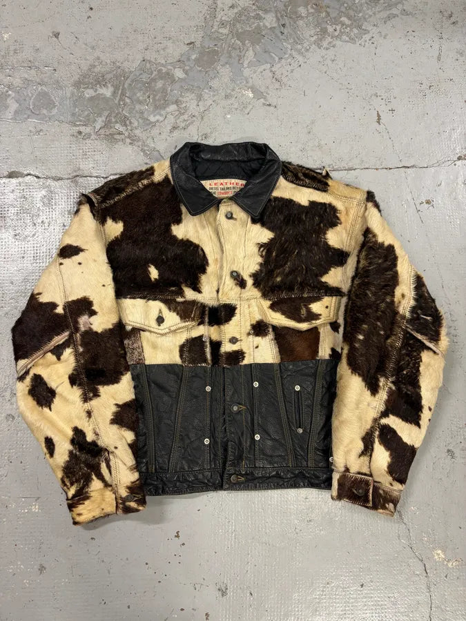 2000s Diesel Western Cow Fur Black Leather Trucker Jacket BXQzgjs 0
