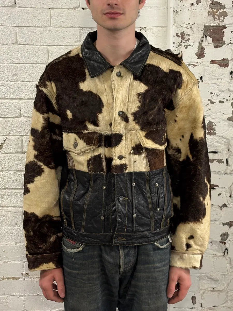 2000s Diesel Western Cow Fur Black Leather Trucker Jacket BXQzgjs 1