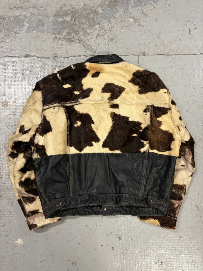 2000s Diesel Western Cow Fur Black Leather Trucker Jacket BXQzgjs 5