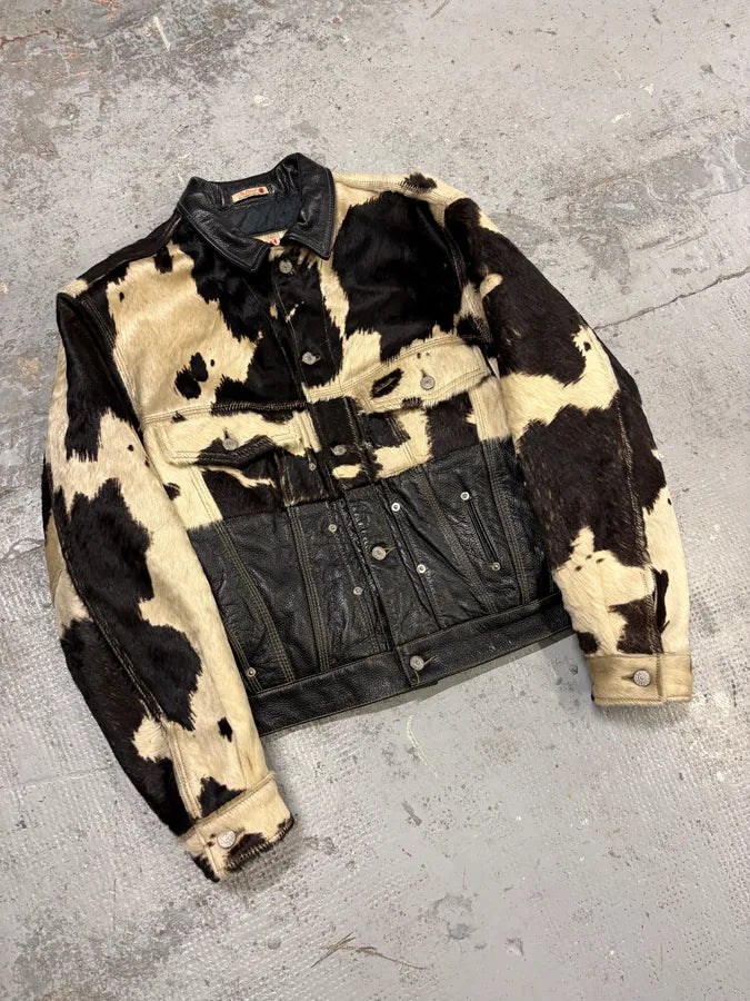 2000s Diesel Western Cow Fur Black Leather Trucker Jacket SOydAgm 3