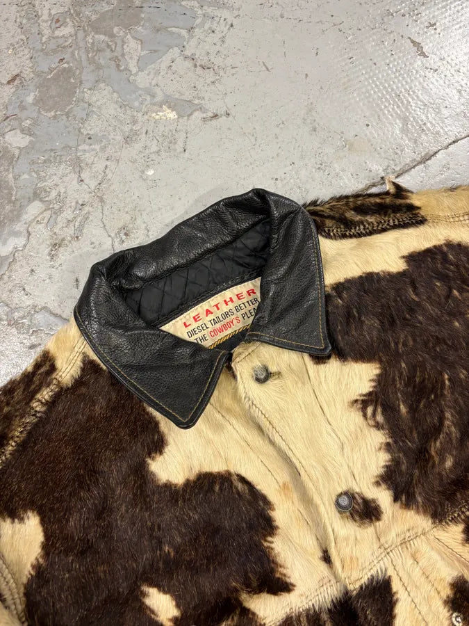 2000s Diesel Western Cow Fur Black Leather Trucker Jacket BXQzgjs 4