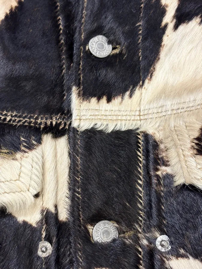 2000s Diesel Western Cow Fur Black Leather Trucker Jacket SOydAgm 8