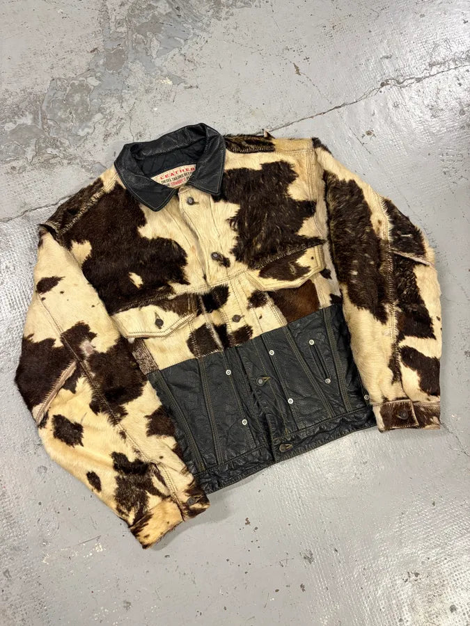 2000s Diesel Western Cow Fur Black Leather Trucker Jacket BXQzgjs 3
