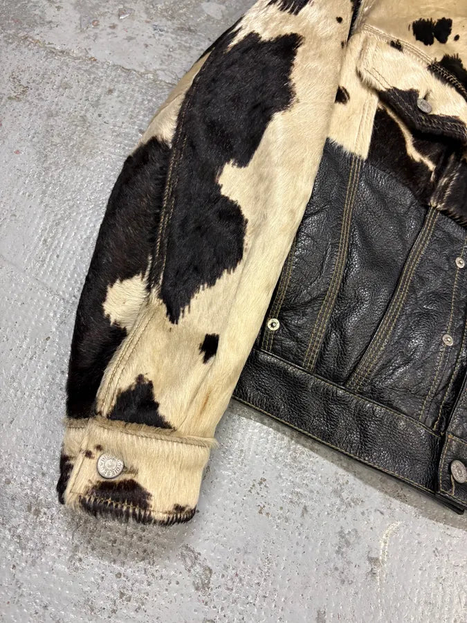 2000s Diesel Western Cow Fur Black Leather Trucker Jacket SOydAgm 7