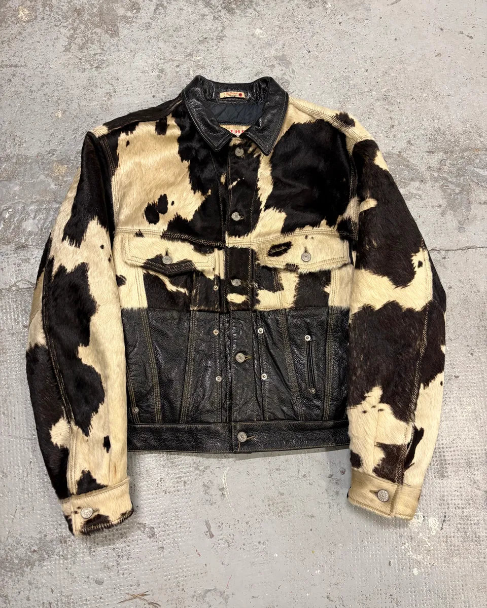 2000s Diesel Western Cow Fur Black Leather Trucker Jacket SOydAgm 0