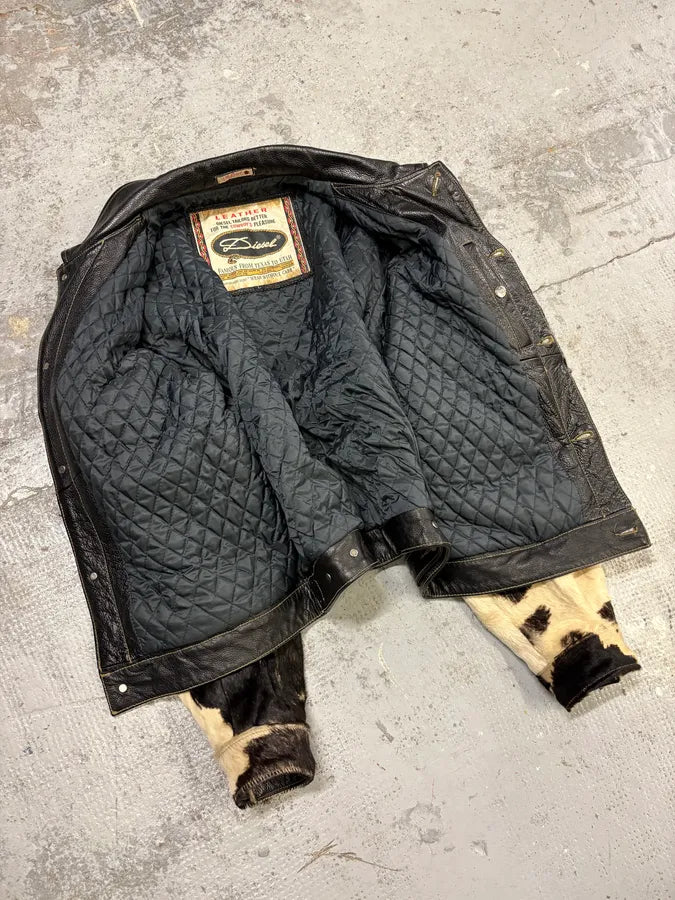 2000s Diesel Western Cow Fur Black Leather Trucker Jacket SOydAgm 6
