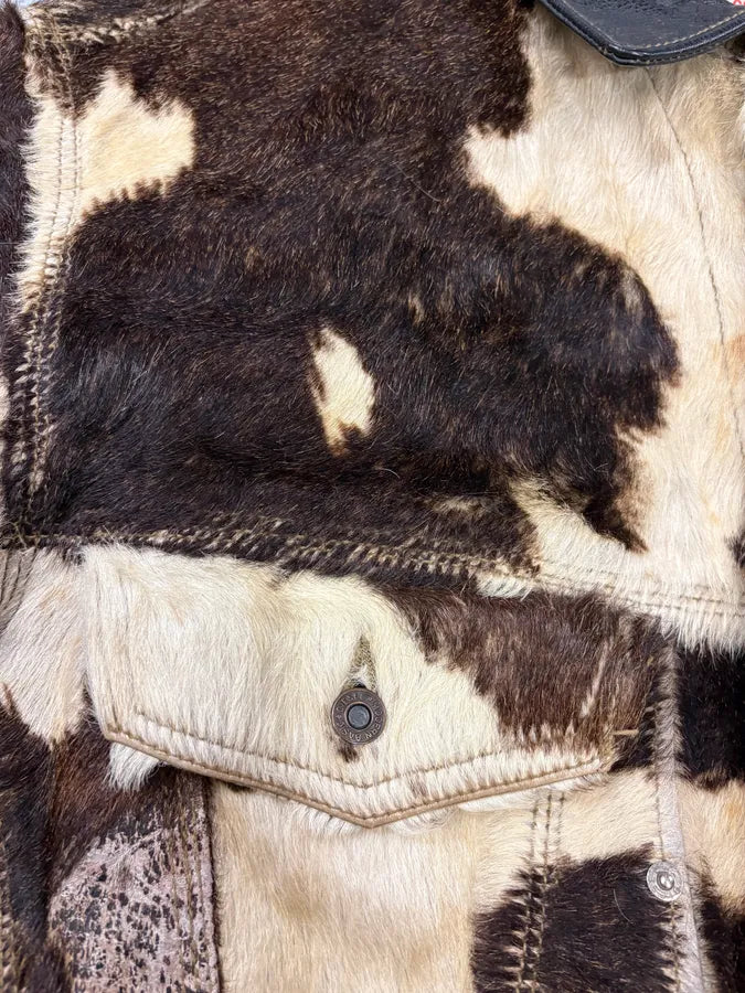 2000s Diesel Western Cow Fur Black Leather Trucker Jacket BXQzgjs 9