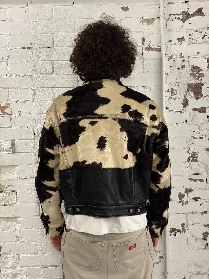 2000s Diesel Western Cow Fur Black Leather Trucker Jacket SOydAgm 2