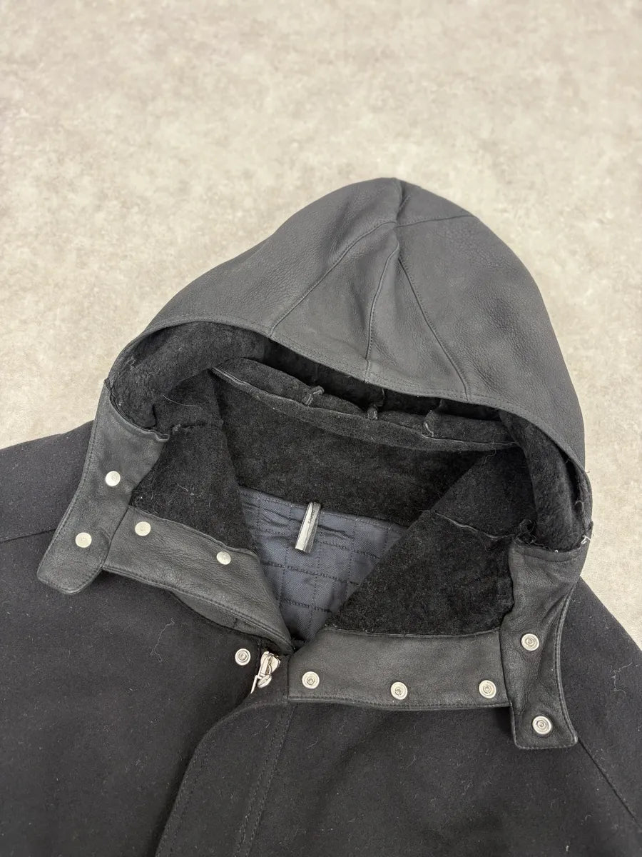 2010s Dior Black Wool & Leather Hooded Cozy Jacket by Kris Van Assche UrhyaKY 5