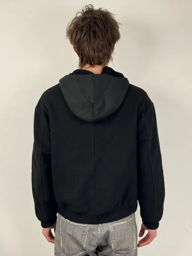 2010s Dior Black Wool & Leather Hooded Cozy Jacket by Kris Van Assche UrhyaKY 2