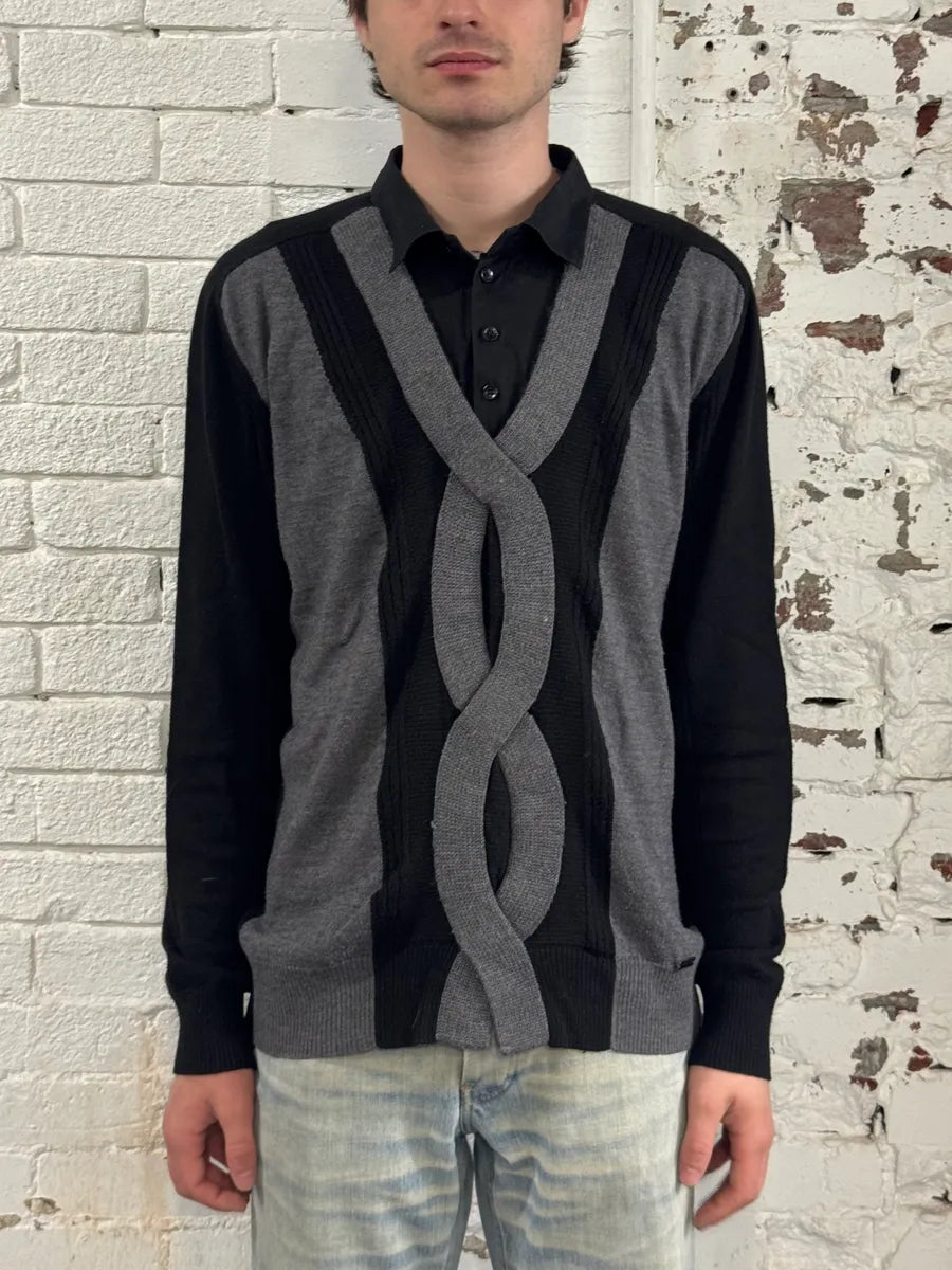 2000s Dirk Bikkembergs Black Merino Wool Contrast Hybrid Shirt & Sweater bRVgEUQ 0