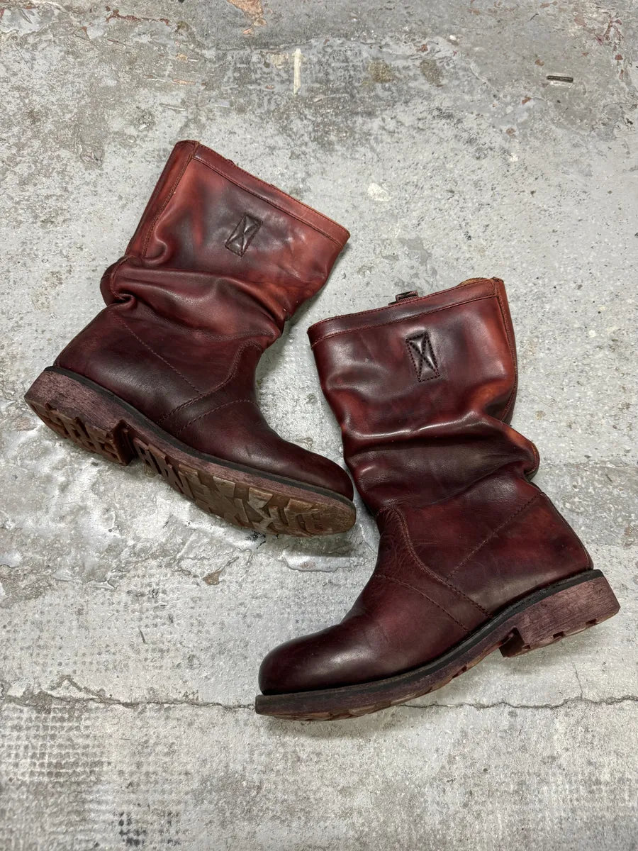 2000s Dirk Bikkembergs Burgundy Eroded Leather Ankle Boots mPERMTu 2