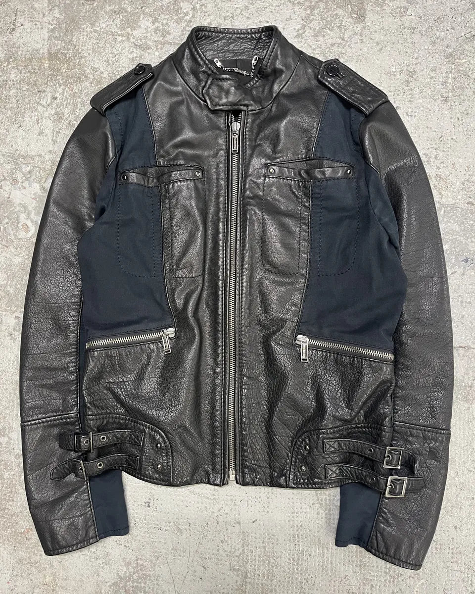 2000s Dirk Bikkembergs Hybrid Biker Leather Jacket Black & Navy (S/M) lIQgkwx 0
