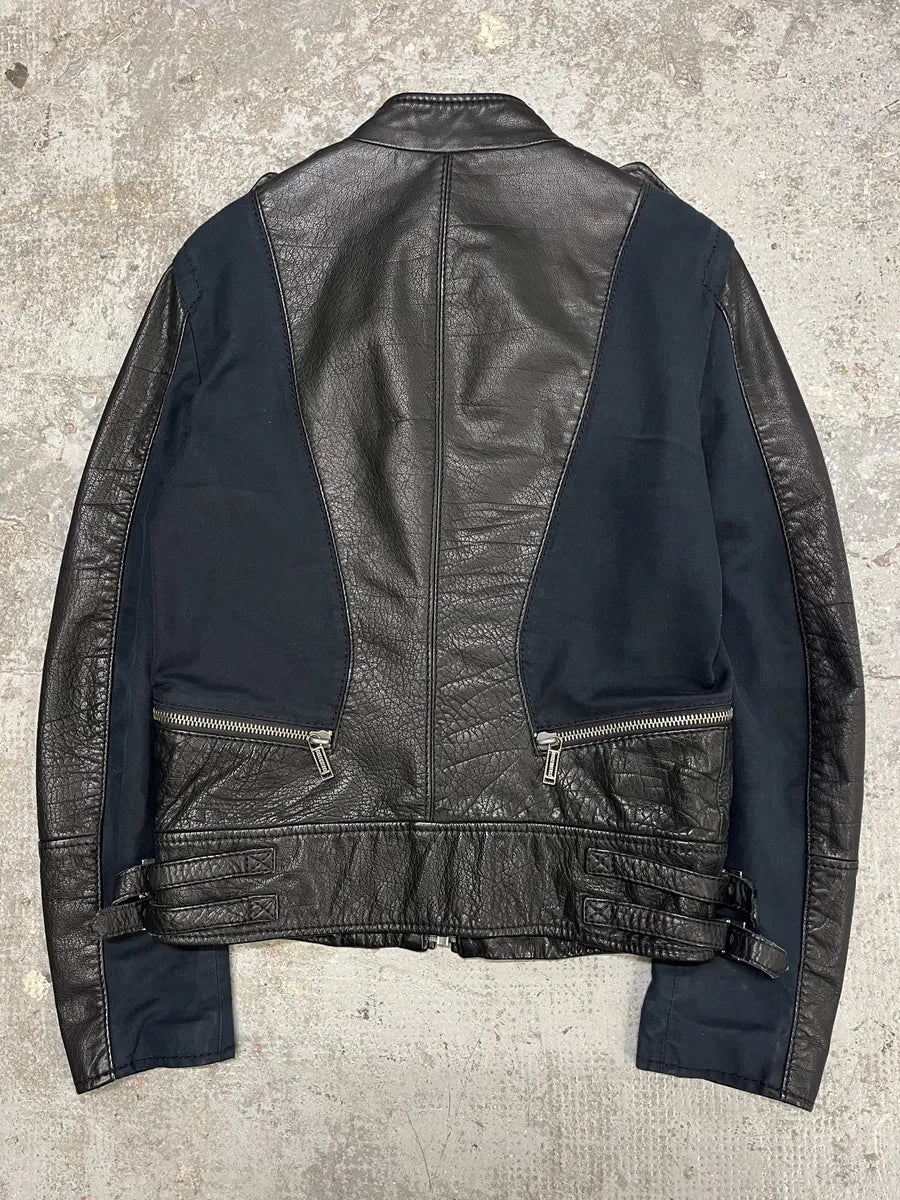 2000s Dirk Bikkembergs Hybrid Biker Leather Jacket Black & Navy (S/M) lIQgkwx 1