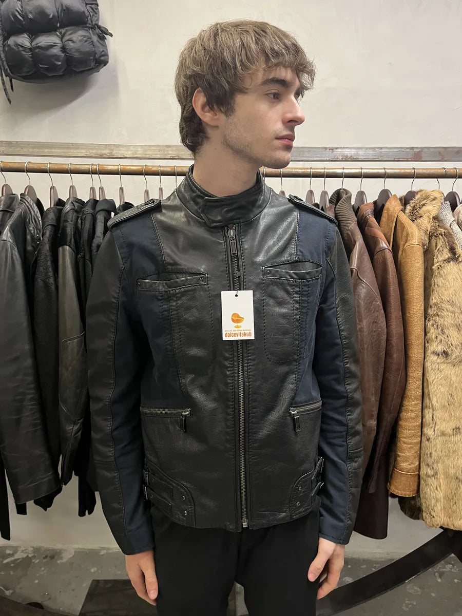 2000s Dirk Bikkembergs Hybrid Biker Leather Jacket Black & Navy 2000s Dirk Bikkembergs Hybrid Biker Leather Jacket Black & Navy