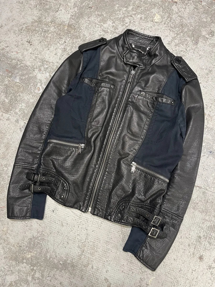 2000s Dirk Bikkembergs Hybrid Biker Leather Jacket Black & Navy (S/M) lIQgkwx 5