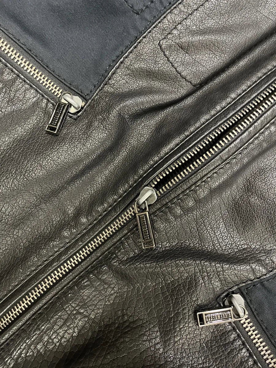 2000s Dirk Bikkembergs Hybrid Biker Leather Jacket Black & Navy (S/M) lIQgkwx 9