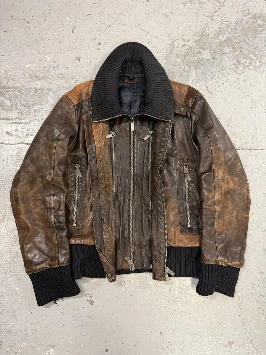 2000s Dirk Bikkembergs Multi Zips Brown Eroded Leather Jacket  KaVtpvY 0