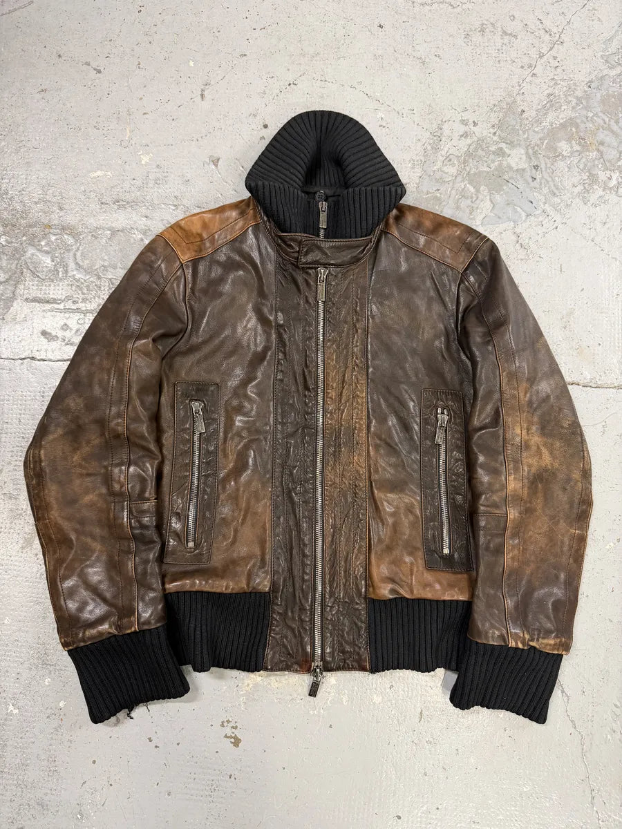 2000s Dirk Bikkembergs Multi Zips Brown Eroded Leather Jacket  KaVtpvY 3