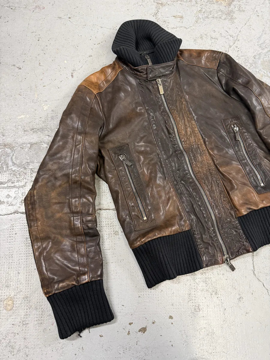 2000s Dirk Bikkembergs Multi Zips Brown Eroded Leather Jacket  KaVtpvY 6