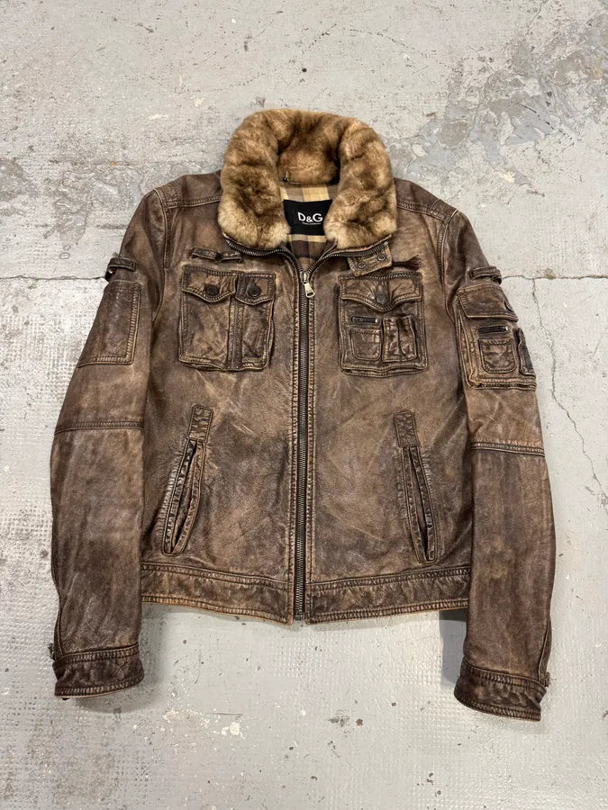 2000s Dolce & Gabba Cargo Hunter Fur Collar Brown Leather Jacket FgcvBXl 0