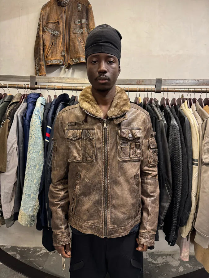 2000s Dolce & Gabba Cargo Hunter Fur Collar Brown Leather Jacket FgcvBXl 1