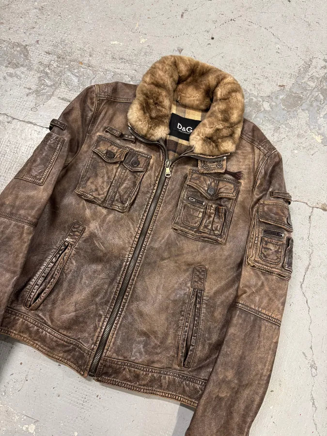 2000s Dolce & Gabba Cargo Hunter Fur Collar Brown Leather Jacket FgcvBXl 2