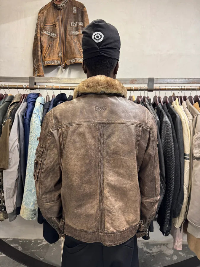 2000s Dolce & Gabba Cargo Hunter Fur Collar Brown Leather Jacket FgcvBXl 3