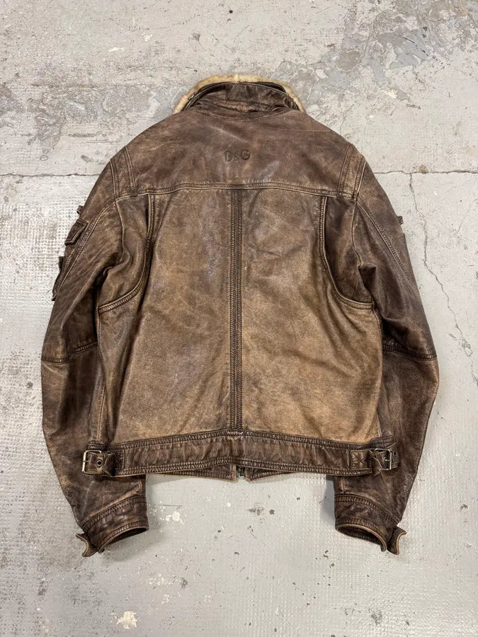 2000s Dolce & Gabba Cargo Hunter Fur Collar Brown Leather Jacket FgcvBXl 4