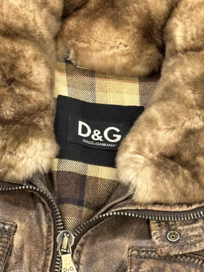 2000s Dolce & Gabba Cargo Hunter Fur Collar Brown Leather Jacket FgcvBXl 5