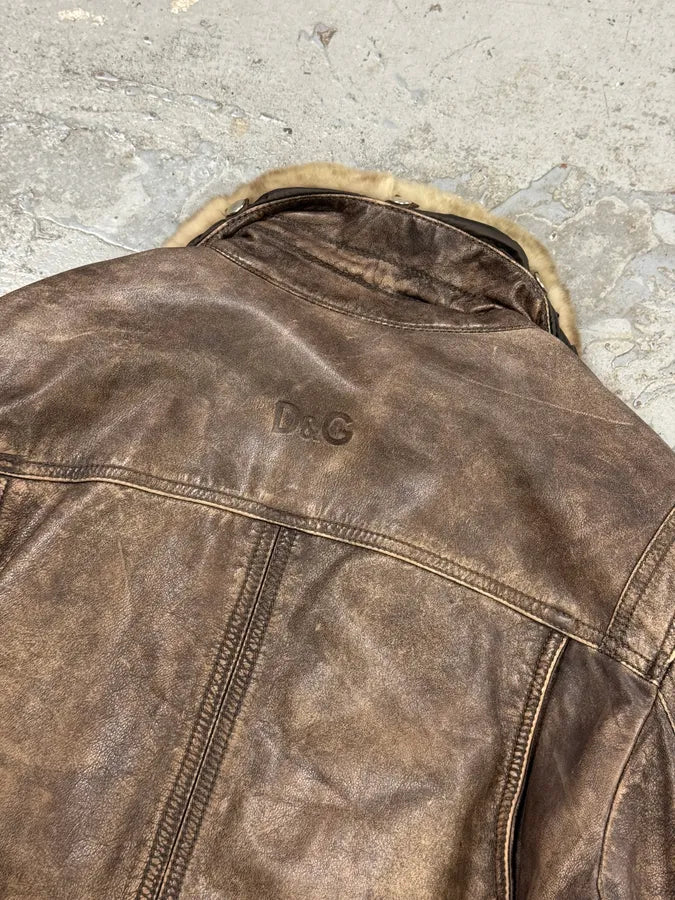 2000s Dolce & Gabba Cargo Hunter Fur Collar Brown Leather Jacket FgcvBXl 6