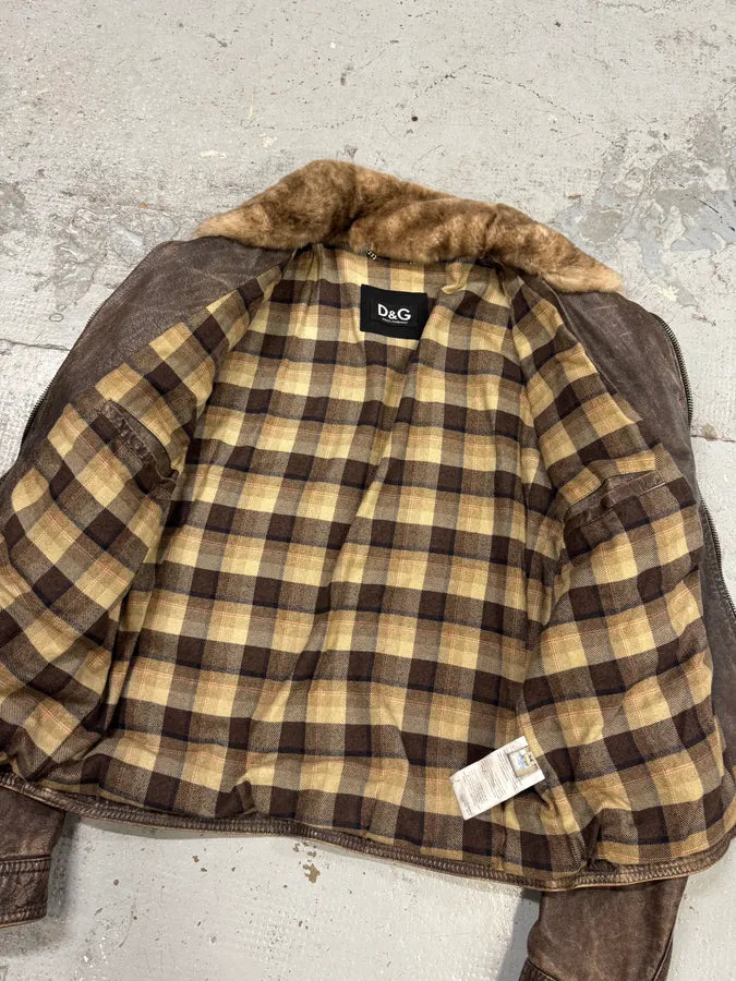 2000s Dolce & Gabba Cargo Hunter Fur Collar Brown Leather Jacket FgcvBXl 7