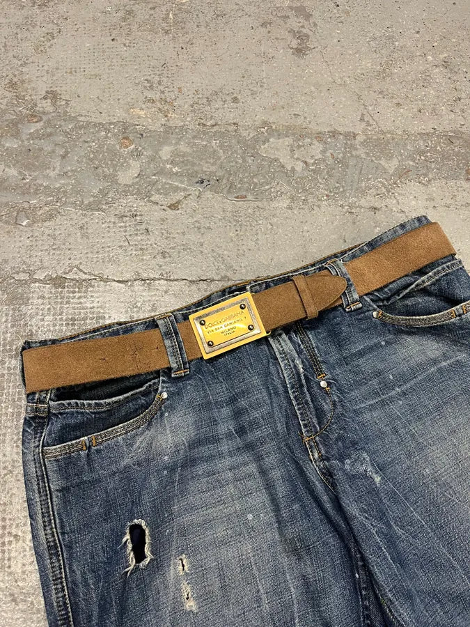 2000s Dolce & Gabban& Golden Milano Buckle Brown Leather Belt CvUIXlk 0