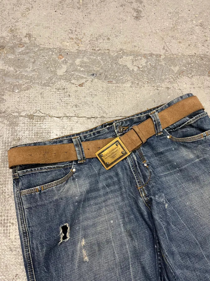 2000s Dolce & Gabban& Golden Milano Buckle Brown Leather Belt CvUIXlk 2