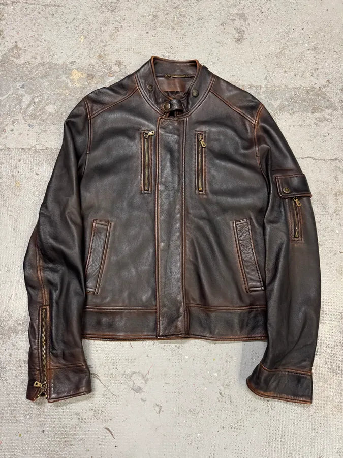 2000s Dolce & Gabbana Aged Brown Leather Jacket miYqksi 0