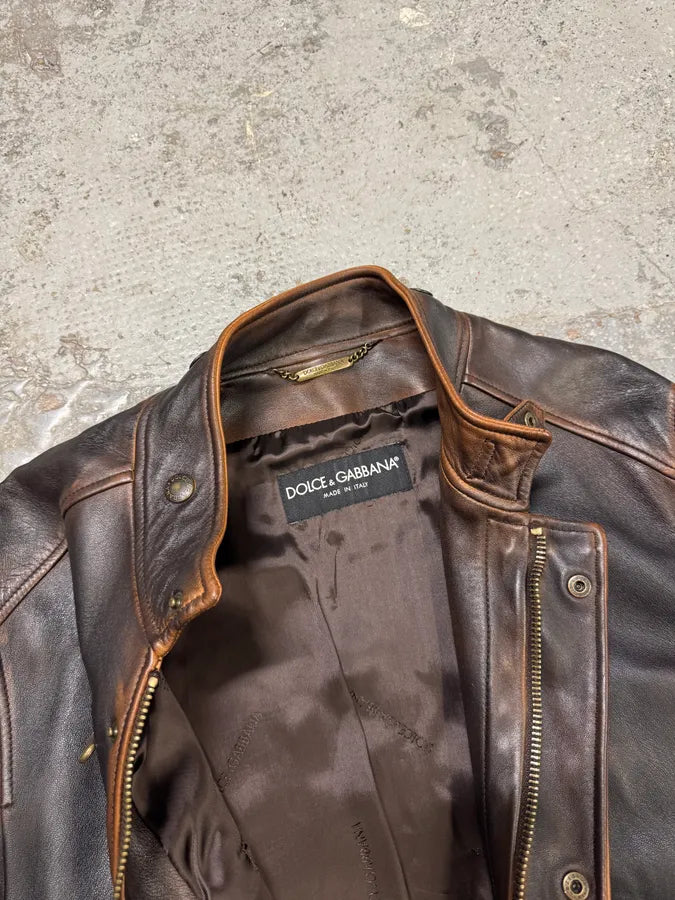 2000s Dolce & Gabbana Aged Brown Leather Jacket miYqksi 6