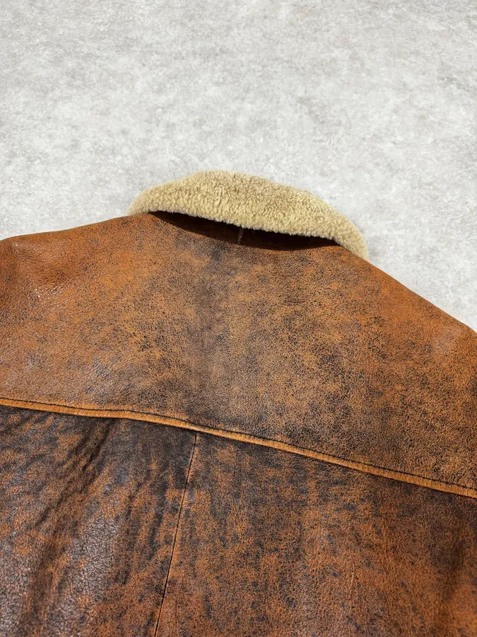 2000s Dolce & Gabbana Aged Brown Leather Shearling Jacket RUflNZY 5