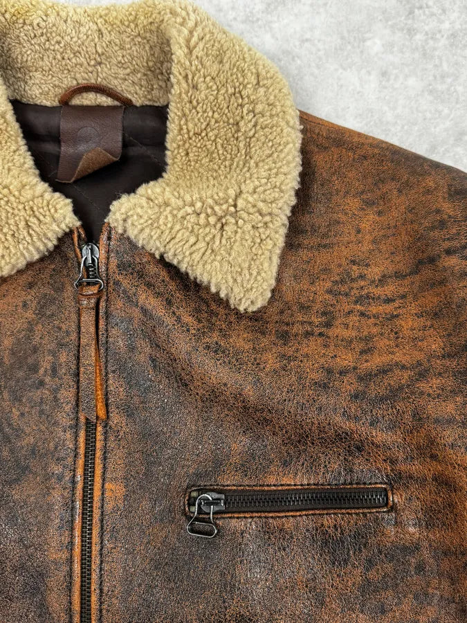 2000s Dolce & Gabbana Aged Brown Leather Shearling Jacket RUflNZY 8