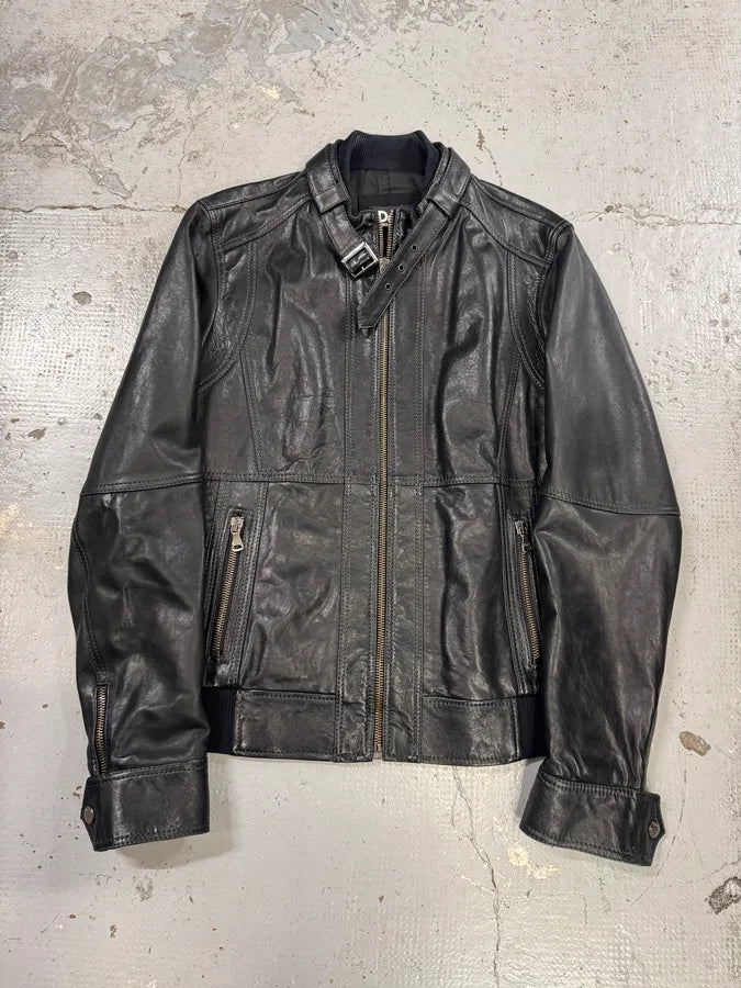 2000s Dolce & Gabbana Agent Solid Black Leather Jacket YWDlINS 0