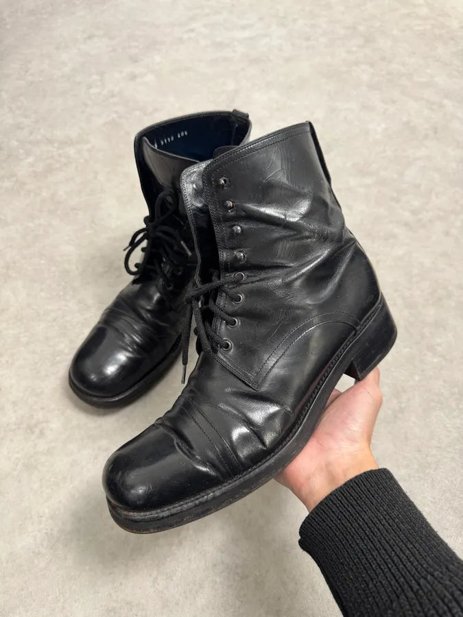 2000s Dolce & Gabbana Army Black Leather Lace-Up Boots PrasBIx 0